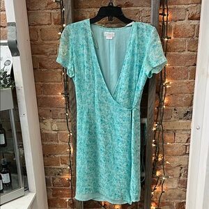 Liz Claiborne Teal Floral Mini Dress- 100% Silk